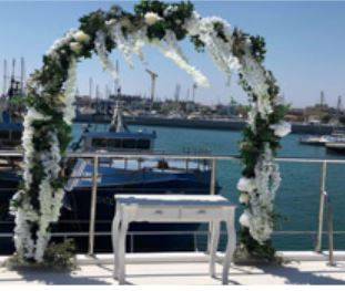 Picture postcard wedding reception catamaran in Cyprus