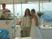 Suzanne and Mellville pose a pic on the catamaran in Protaras Cyprus.